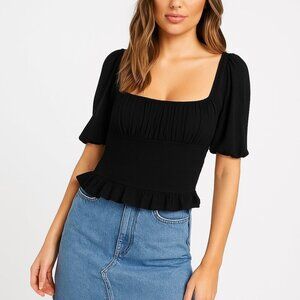 Kookai Simone shirred Crop Top Square Neck Black